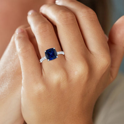 Womens Lab Created Blue Sapphire Sterling Silver Side Stone Solitaire Cocktail Ring