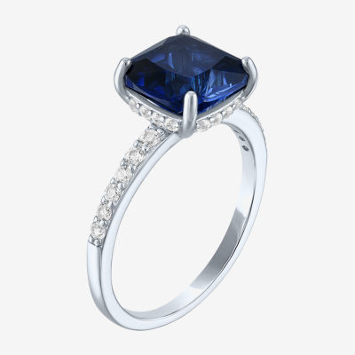 Womens Lab Created Blue Sapphire Sterling Silver Side Stone Solitaire Cocktail Ring