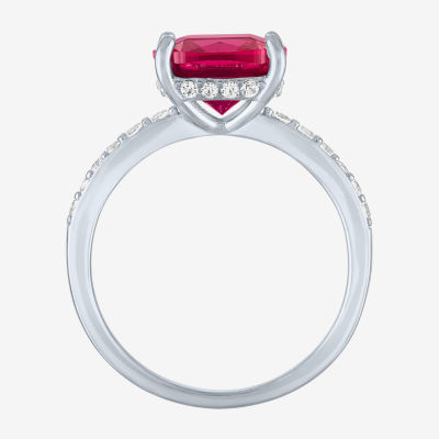 Womens Lab Created Red Ruby Sterling Silver Side Stone Solitaire Cocktail Ring