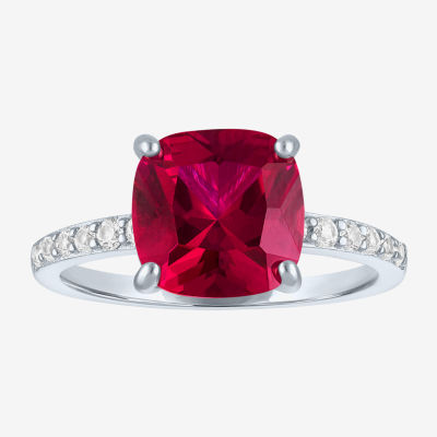 Womens Lab Created Red Ruby Sterling Silver Side Stone Solitaire Cocktail Ring