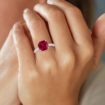 Womens Lab Created Red Ruby Sterling Silver Side Stone Solitaire Cocktail Ring