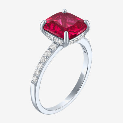 Womens Lab Created Red Ruby Sterling Silver Side Stone Solitaire Cocktail Ring