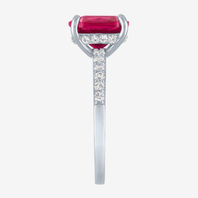 Womens Lab Created Red Ruby Sterling Silver Side Stone Solitaire Cocktail Ring