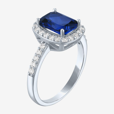 Womens Lab Created Blue Sapphire Sterling Silver Halo Side Stone Cocktail Ring