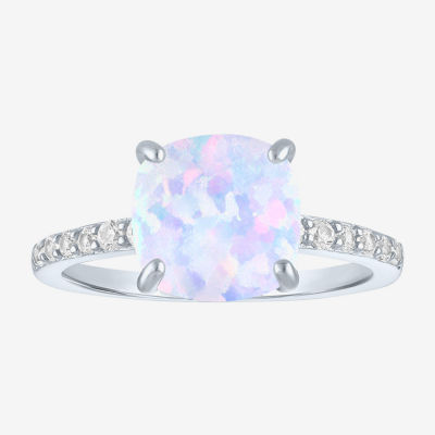 Womens Lab Created White Opal Sterling Silver Side Stone Solitaire Cocktail Ring