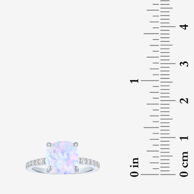 Womens Lab Created Gemstone Sterling Silver Side Stone Solitaire Cushion Cocktail Ring