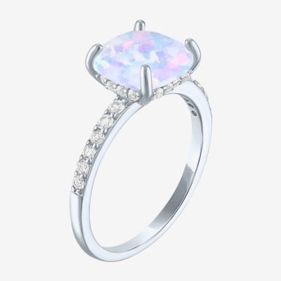 Womens Lab Created White Opal Sterling Silver Side Stone Solitaire Cocktail Ring