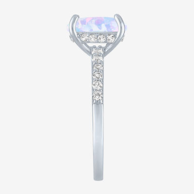 Womens Lab Created Gemstone Sterling Silver Side Stone Solitaire Cushion Cocktail Ring