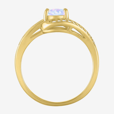 Womens Lab Created White Opal 14K Gold Over Silver Crossover Side Stone Cocktail Ring