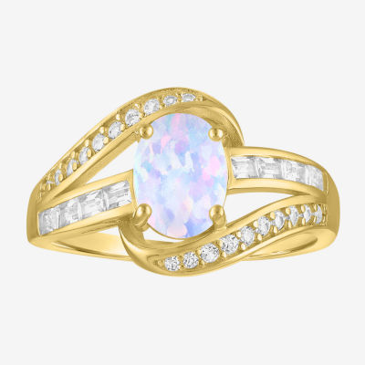 Womens Lab Created White Opal 14K Gold Over Silver Crossover Side Stone Cocktail Ring