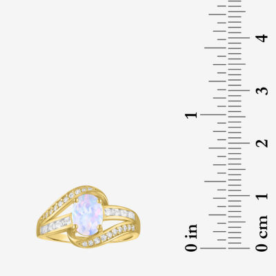 Womens Lab Created White Opal 14K Gold Over Silver Crossover Side Stone Cocktail Ring