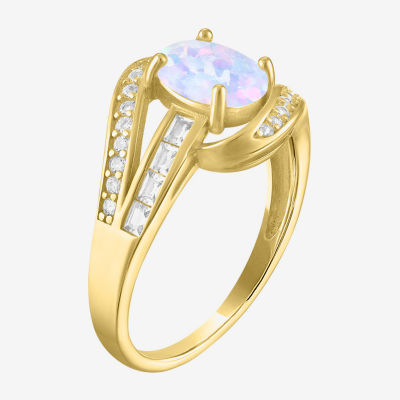 Womens Lab Created White Opal 14K Gold Over Silver Crossover Side Stone Cocktail Ring