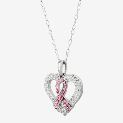 Breast Cancer Awareness Ribbon Womens Pink Crystal Sterling Silver Heart Pendant Necklace