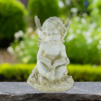 11.5'' Ivory Sitting Cherub Angel with Book Outdoor Patio Garden Statue