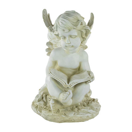 11.5'' Ivory Sitting Cherub Angel With Book Outdoor Patio Garden Statue, One Size, White