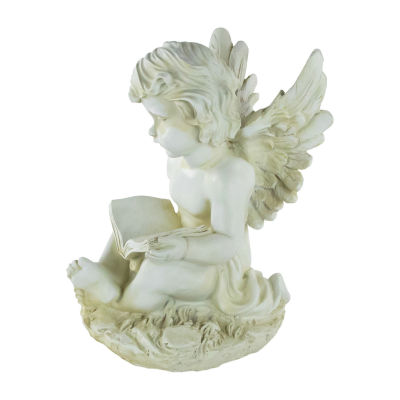 11.5'' Ivory Sitting Cherub Angel with Book Outdoor Patio Garden Statue