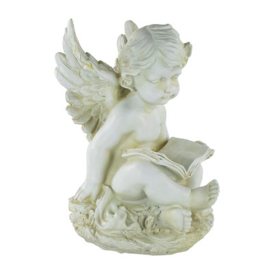 11.5'' Ivory Sitting Cherub Angel with Book Outdoor Patio Garden Statue