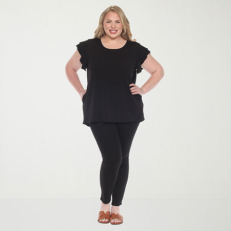 White Mark Plus Womens Round Neck Short Sleeve Tunic Top In Black