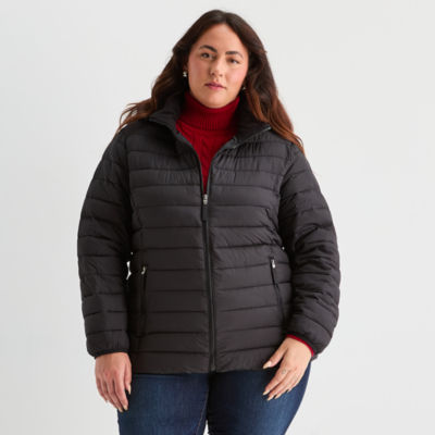 St. John's Bay Womens Plus Hooded Midweight Puffer Jacket