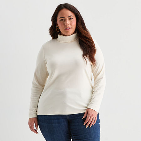 St. John's Bay Womens Plus Long Sleeve Turtleneck In White