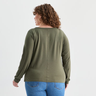 a.n.a Womens Plus Round Neck Long Sleeve Adaptive T-Shirt