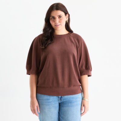 a.n.a Womens Crew Neck Elbow Sleeve Plus Sweatshirt