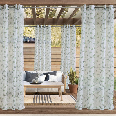 Two Tone Leaf Sheer Grommet Top Single Outdoor Curtain Panel