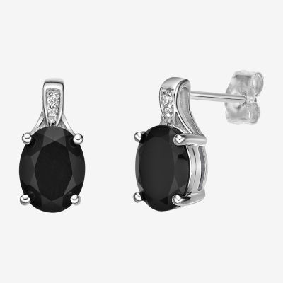 Womens Diamond Accent Genuine Black Onyx Sterling Silver Drop Earrings