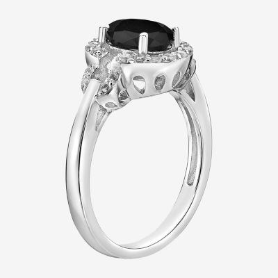 Womens Genuine Black Onyx Sterling Silver Halo Cocktail Ring