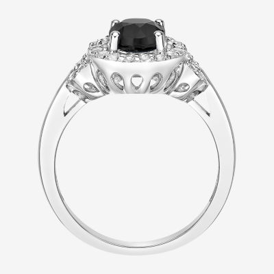 Womens Genuine Black Onyx Sterling Silver Halo Cocktail Ring