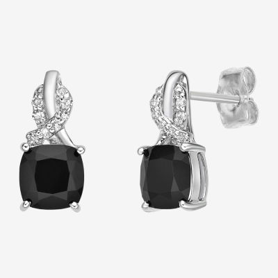 Womens Diamond Accent Genuine Black Onyx Sterling Silver Drop Earrings