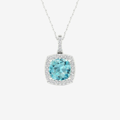 Womens Diamond Accent Genuine Blue Aquamarine 10K White Gold Cushion Pendant Necklace
