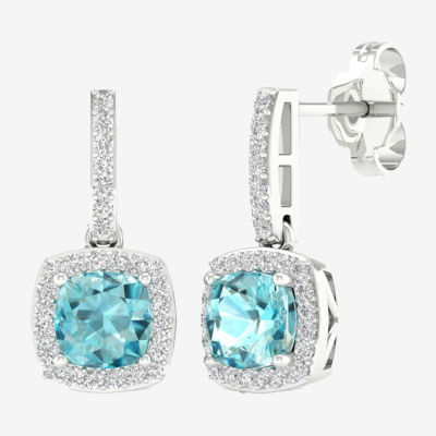 Genuine Blue Aquamarine & 1/7 CT. T.W. Natural White Diamond 10K White Gold Cushion Drop Earrings
