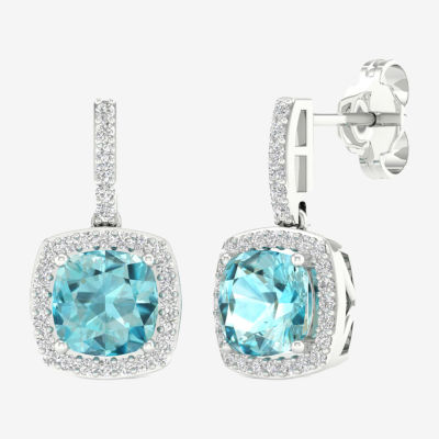 Genuine Blue Aquamarine & 1/5 CT. T.W. Natural White Diamond 10K White Gold Cushion Drop Earrings