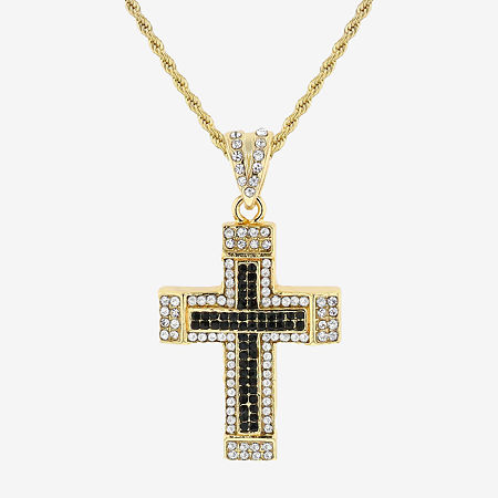 Mens Multi Color Cubic Zirconia Stainless Steel Cross Pendant Necklace, One Size