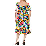 Maia Plus Short Sleeve Tropical Print Midi Fit + Flare Dress
