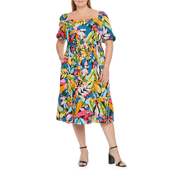 Maia Plus Short Sleeve Tropical Print Midi Fit + Flare Dress