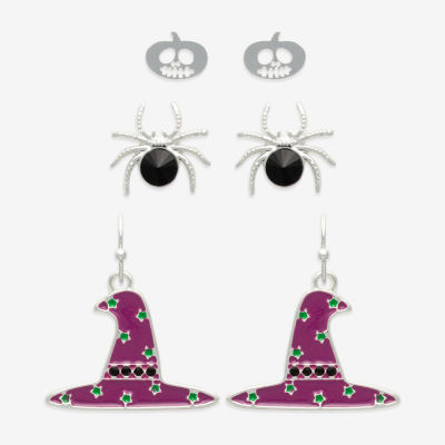 Mixit Halloween Jack O Lantern Spider & Witch Hat 3 Pair Glass Earring Set