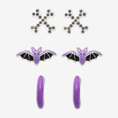 Mixit Halloween Glow In The Dark Bat Bones & Huggie 3 Pair Glass Earring Set