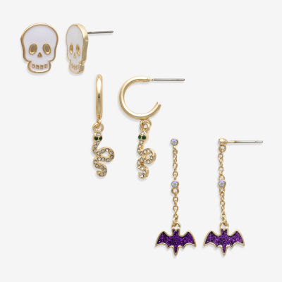 Mixit Halloween Bat Skull & Snake 3 Pair Glass Earring Set