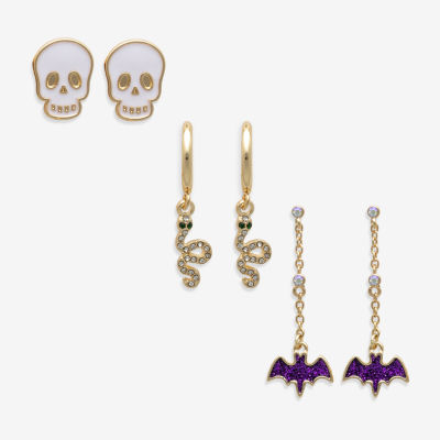 Mixit Halloween Bat Skull & Snake 3 Pair Glass Earring Set