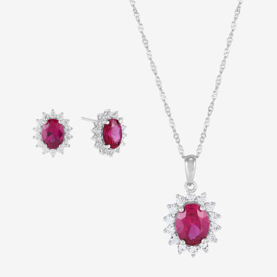 Lab Created Red Ruby Sterling Silver Oval Jewelry Set