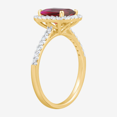 Womens 1/3 CT. T.W. Lab Created Red Ruby 10K Gold Halo Side Stone Cocktail Ring