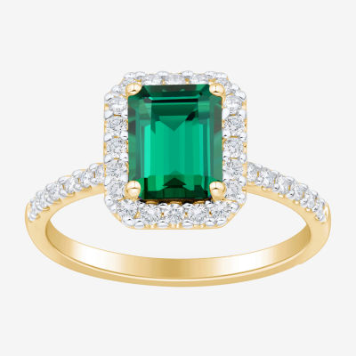 Womens 1/3 CT. T.W. Lab Created Green Emerald 10K Gold Halo Side Stone Cocktail Ring