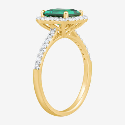 Womens 1/3 CT. T.W. Lab Created Green Emerald 10K Gold Halo Side Stone Cocktail Ring