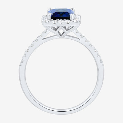 Womens 1/3 CT. T.W. Lab Created Blue Sapphire 10K White Gold Halo Side Stone Cocktail Ring