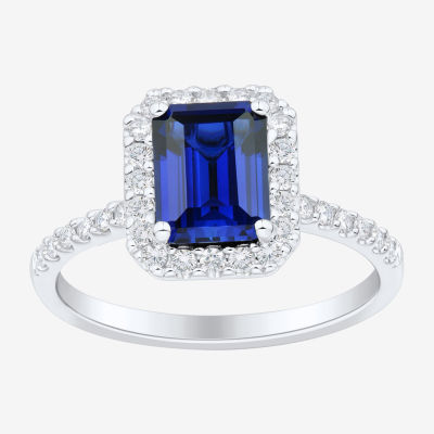 Womens 1/3 CT. T.W. Lab Created Blue Sapphire 10K White Gold Halo Side Stone Cocktail Ring