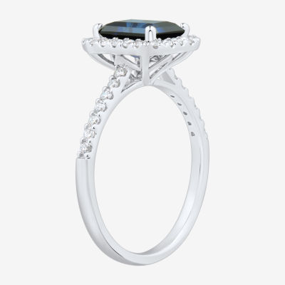 Womens 1/3 CT. T.W. Lab Created Blue Sapphire 10K White Gold Halo Side Stone Cocktail Ring