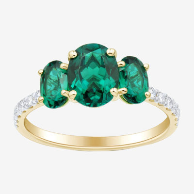 Womens 1/5 CT. T.W. Lab Created Green Emerald 10K Gold 3-Stone Side Stone Cocktail Ring