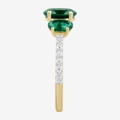 Womens 1/5 CT. T.W. Lab Created Green Emerald 10K Gold 3-Stone Side Stone Cocktail Ring